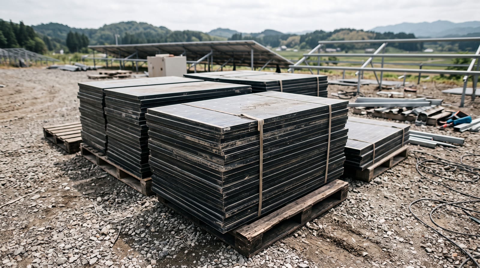 撤去現場で仮置きされる使用済みパネルのイメージ。2030年代後半以降は排出量が年間最大50万t程度に達する見通しが示されています
