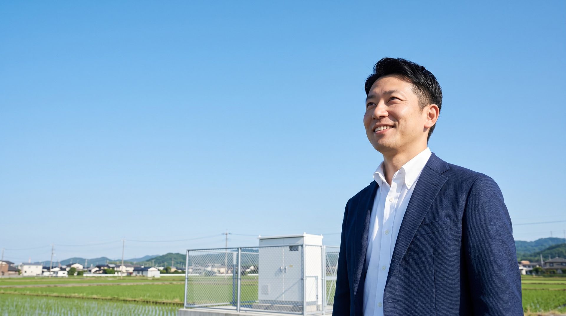 晴れた青空の下、低圧蓄電所のそばで空を見上げて笑顔を見せる男性（イメージ写真）