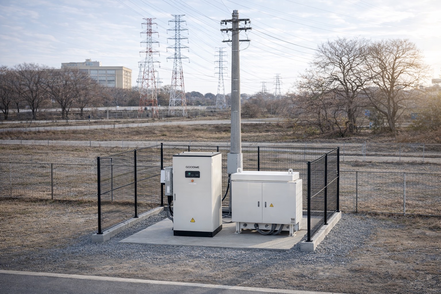 更地に設置された蓄電池の設備。背景に送電線の鉄塔が見える